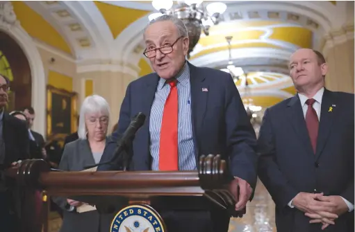  ?? (Craig Hudson/Reuters) ?? US SENATE Majority Leader Chuck Schumer speaks at a news conference on Capitol Hill, last week.