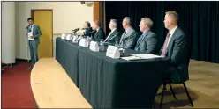  ?? NEWS PHOTO COLLIN GALLANT ?? Moderator Kris Samraj, left, addresses six nominees vying to the candidate for the Conservati­ve Party of Canada in an upcoming byelection. The forum, held Wednesday night at the Medicine Hat Public Library, brought in a capacity crowd. Voting for party...