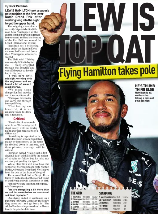  ?? ?? THE GRID 1 Hamilton 2 Verstappen 3 Bottas 4 Gasly 5 Alonso 6 Norris
HE’S THUMB THING ELSE Hamilton is all smiles after taking a brilliant pole position