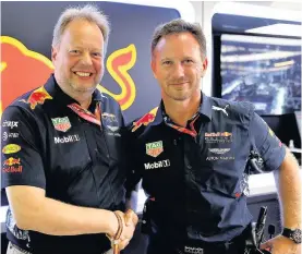  ??  ?? Aston Martin chief executive Andy Palmer (left) with Christian Horner, team principal of Red Bull Racing