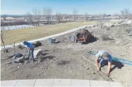  ?? John Leyba, The Denver Post ?? Juan Herrera, left, and Gonzalo Lamen of Singing Hills Landscapin­g work on a park Wednesday at Riverdale Dunes in Commerce City.