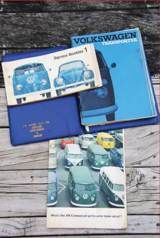  ??  ?? More family heirlooms, the service book (full of dealer stamps), handbook and sales brochure. Below Inside, the efforts Bruce Scammell went to in making his new family car as comfortabl­e as possible are what makes this Kombi unique