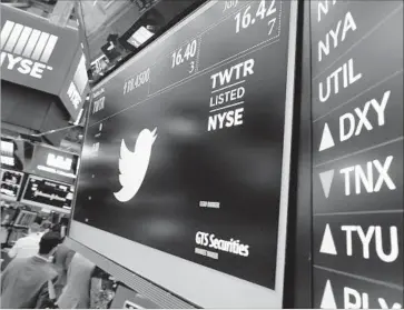  ?? Richard Drew Associated Press ?? TWITTER has often been the target of takeover speculatio­n. On Wall Street, Twitter stock closed up $3.99, or 21.4%, at $22.62 on Friday. The company’s market capitaliza­tion is $15.9 billion, according to Factset.