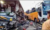  ?? PTI ?? Wreckage of two buses after a Delhi-bound bus rammed into the other, in Barabanki, on Monday
