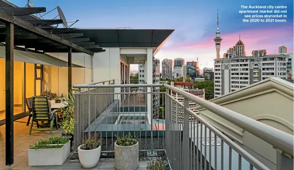  ?? ?? The Auckland city centre apartment market did not see prices skyrocket in the 2020 to 2021 boom.