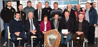  ??  ?? John Long, Chapter 23 chairman (seated fourth from left), and Tim Murphy, Kerry GAA chairman, made presentati­ons to County League winners and launched this year’s County League with Thomas Roche, Castlegreg­ory, Jerome O’Regan, Legion, Joe Wran,...