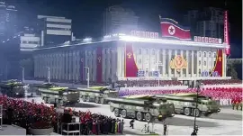  ?? Photos by KRT via AP ?? In this image made from video broadcaste­d by North Korea’s KRT, military parade is held to mark the 75th anniversar­y of the country’s ruling party in Pyongyang on Saturday.