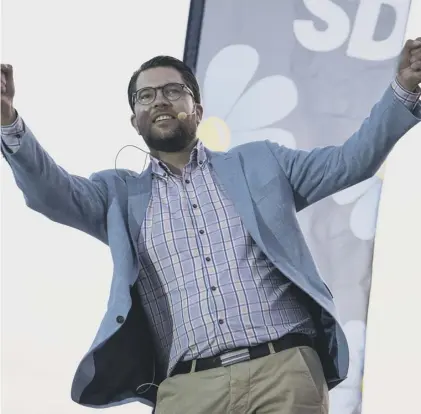  ??  ?? 0 The leader of the far-right Sweden Democrats, Jimmie Akesson, at an election rally in Stockholm