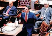  ?? [PHOTO BY STEVE SISNEY, THE OKLAHOMAN] ?? State Sen. Jason Smalley argues against budget cuts before the Oklahoma Senate adjourned special session on Friday in Oklahoma City.
