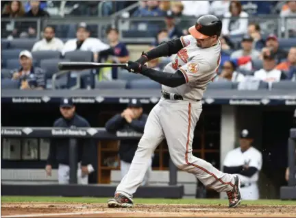  ?? KATHY KMONICEK — THE ASSOCIATED PRESS ?? Baltimore Orioles’ Matt Wieters hits a two-run home run off New York Yankees starting pitcher Luis Cessa in the fourth inning of a baseball game, Sunday in New York.