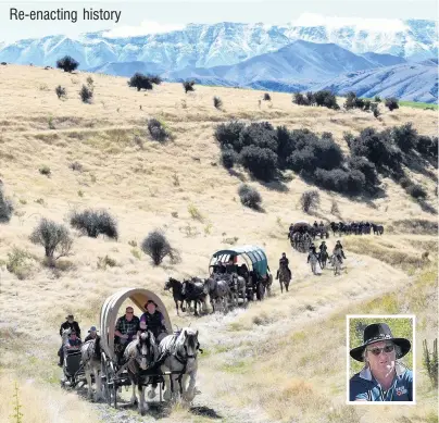  ?? PHOTO: STEPHEN JAQUIERY ?? Father and son Blair and Sean Lennon, from Gore, negotiate a farm track near Tarras yesterday as part of the Otago Goldfields Cavalcade. Erewhon Station’s sixhorse teams are behind. Inset: Lyn Chittock.