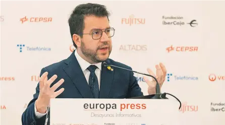  ?? EDUARDO PARRA / EUROPA PRESS ?? Pere Aragonès interviene en el desayuno informativ­o de Europa Press.