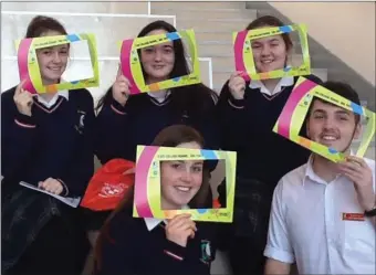  ??  ?? Coláiste Chill Mhantáin sixth year students Louise Byrne, Sarah Canterbury, Maria Byrne, Ellen Duffy and Scott Armstrong, who are now more college aware after attending a series of informatio­n talks at the school’s Careers and College Awareness Day,...