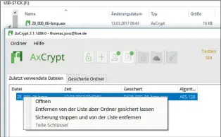  ??  ?? Wer kein Bitlocker hat: AxCrypt 2 verschlüss­elt Daten auf dem PC und auf dem USB-Stick.