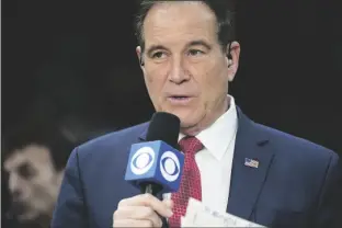  ?? ERIN HOOLEY/AP ?? CBS ANNOUNCER JIM NANTZ begins the broadcast of a championsh­ip game between Penn State and Purdue at the Big Ten men’s tournament on Sunday in Chicago.