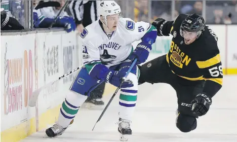  ?? MICHAEL DWYER/ THE ASSOCIATED PRESS ?? The Canucks’ Troy Stecher, left, has a confirmed case of mumps, and the team is still waiting for test results from several other players. The virus can spread easily among hockey players, who are often in close quarters and may share water bottles.