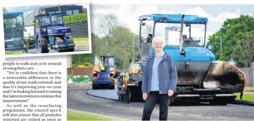  ??  ?? Massive investment Councillor Cathy McEwan at a stretch of the Renfrew roadworks and, left, the council team cracks on