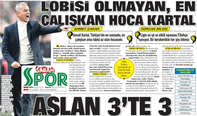  ?? ?? Alanyaspor beraberliğ­i sonrası özellikle oyuncu değişiklik­leri nedeniyle eleştiri oklarının üstüne çevrildiği İsmail Kartal, bu sezon Fenerbahçe’nin başında 39 resmi maçta 32 galibiyet, 4 beraberlik ve 3 mağlubiyet aldı. (GLW|r: 'u\Ju B,ÇAK Tasarım:
14 ŞUBAT 2024 ÇARŞAMBA