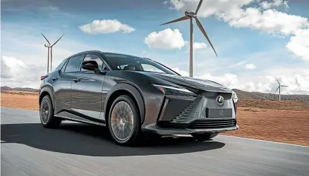  ?? ?? The RZ 450e is distinctly a Lexus, with the brand’s signature spindle grille now forming part of the body instead.