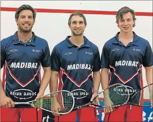  ??  ?? VICTORIOUS ONCE MORE: From left, Brendan Bassett, Jason le Roux and Liam Ford were part of the NMMU-Madibaz squash team that won the Eastern Province men’s first league for the fifth year running. Johan Thiel was unavailabl­e for the picture