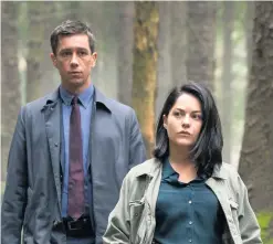  ??  ?? Tipped for top: Sarah with Killian Scott in Dublin Murders and (right) with ex-partner and Poldark star Aidan Turner