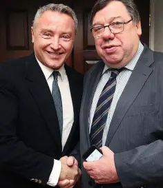  ??  ?? CALM BEFORE THE STORM: Brian Cowen with Michael Flatley at the Ireland Funds rugby lunch. Right, supporters during the RBS Six Nations Rugby Championsh­ip game between Ireland and France. Photos: Steve Humphreys & Stephen McCarthy