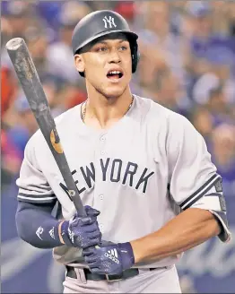  ?? Getty Images ?? ‘0’ NO!: Aaron Judge is exasperate­d after he struck out swinging in the seventh inning of the Yankees’ 6-2 loss in Toronto. Judge was a miserable 0-for-5 on the evening, including three strikeouts.