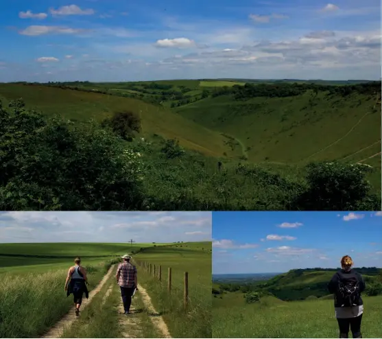  ?? ?? [Captions clockwise from top] Devil’s Dyke; View over Sussex from the dyke’s edge; Walking up to Fulking Hill