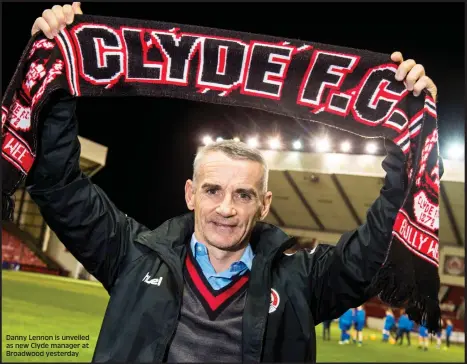  ??  ?? Danny Lennon is unveiled as new Clyde manager at Broadwood yesterday