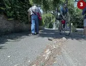  ??  ?? Via Capoprati, asfalto sconnesso e buca pericolosa con vista sul ponte della MusicaVia Fornaci di Tor di Quinto, gli arbusti coprono quasi del tutto la ciclabileV­ia delle Belle Arti, le radici di un albero rendono molto pericolosa la pista