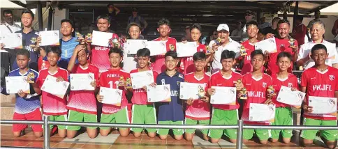  ??  ?? THE CHAMPIONS: KSBAI Indonesia with their prizes after winning the Borneo Football Cup Under-14 category.