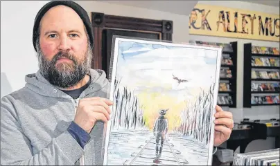  ?? SALLY COLE/THE GUARDIAN ?? Dennis Ellsworth, lead singer for The Fabulously Rich, a Tragically Hip tribute band, shows a print he purchased during a fundraisin­g campaign for the Gord Downie and Chanie Wenjack Fund. It’s by Jeff Lemire, the same artist who created the “Secret Path” album cover for The Tragically Hip. However, instead of Wenjack walking on the railroad tracks, it’s the late Gord Downie. Ellsworth says the tribute band will continue to support the fund.