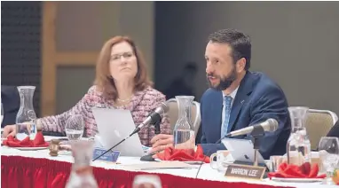  ?? ROBERTO E. ROSALES/JOURNAL ?? UNM President Garnett Stokes, left, and Board of Regents President Rob Doughty questioned UNM athletic director Eddie Nuñez on Thursday about the department’s deficit.