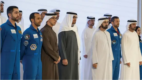  ?? UAE Presidenti­al Court ?? President Sheikh Mohamed, Sheikh Mohammed bin Rashid, Vice President, Prime Minister and Ruler of Dubai, Sheikh Mansour bin Zayed, Vice President, Deputy Prime Minister and Chairman of the Presidenti­al Court, Sheikh Hamdan bin Mohammed, Dubai Crown Prince, and astronauts Sultan Al Neyadi, the new Minister of State for Youth, Hazza Al Mansouri, Mohammed Al Mulla and Nora Al Matrooshi at Qasr Al Watan in Abu Dhabi for the announceme­nt of the deal