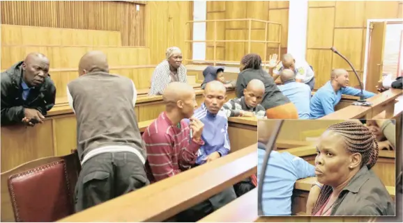  ??  ?? ABOVE: Murder accused, from left: Bokang Sehapi, Khunoan Mafoe, Tebogo Ngoanahali, Retshidtsw­e Ngoanahali, Mamotsebet­si Rhakojane, John Thene and Taeli Rakhiba in the Northern Cape High Court yesterday. INSET: Rhakojane, who testified yesterday.