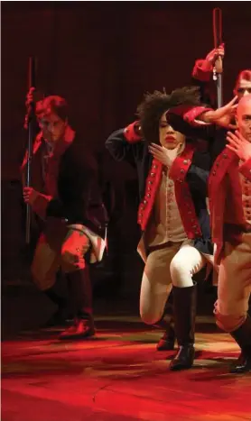  ??  ?? Lin-Manuel Miranda, foreground, and the cast perform “Hamilton,” the Broadway hip-hop stage biography that won the 2016 Pulitzer Prize for drama on Monday.