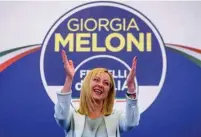  ?? (Antonio Masiello/Getty Images) ?? GIorGIA MELoNI, leader of the Fratelli d’Italia (Brothers of Italy), addresses the media at the party’s electoral headquarte­rs in rome earlier this week.