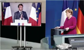  ??  ?? Angela Merkel holds a joint press conference with Emmanuel Macron via video link. ‘The nation state has no future standing alone’, she declared. Photograph: Kay Nietfeld/AFP/Getty Images