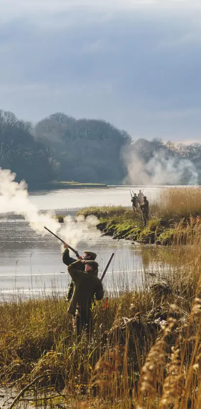  ??  ?? A pheasant heading for the distant bank falls foul of a charge of No 7 from a muzzle-loader