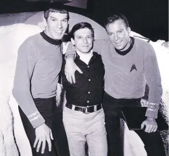  ?? NBC ?? Leonard Nimoy, left, Harlan Ellison and William Shatner, circa 1966. The writer was responsibl­e for one of Star Trek’s most memorable episodes — The City on the Edge of Forever — starring a young Joan Collins.