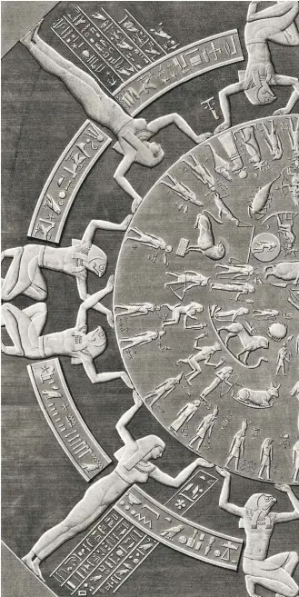  ??  ?? An illustrati­on of the Dendera zodiac, an Egyptian basrelief dating back to the 1st century BC, showing the 12 zodiacal constellat­ions and the five planets known at the time