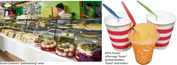  ??  ?? Susie Cuisine’s “pasalubong” area Gill’s frozen offerings: “buko” lychee sherbet, “buko” and melon