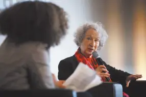  ?? CP PHOTO ?? Canadian author Margaret Atwood speaks to moderator Nam Kiwanuka during a chat alongside Twitter chief executive officer Jack Dorsey in Toronto in April.