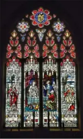  ?? PHOTOS BY BARRY GRAY, THE HAMILTON SPECTATOR ?? Christ’s appearance at Emmaus fills the two central panels of the Grafton Window at the west end of St. Paul’s United Church. The window is named after the Graftons, a well-known Dundas family.