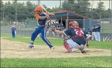  ?? NICK MALLARD / SENTINEL & ENTERPRISE ?? Leominster's Dylan Sousa waits for a pitch in front of Shrewsbury's Christian Siciliano with no umpire at home plate during Monday's game.