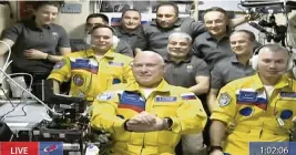  ?? Roscosmos via AP ?? Russian cosmonauts Sergey Korsakov, Oleg Artemyev and Denis Matveyev at the Internatio­nal Space Station, the first new faces in space since the start of Russia's war in Ukraine.