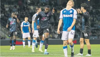  ?? ?? Bradley Ihionvien celebrates his goal for Posh at Gillingham.