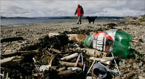  ??  ?? Used cotton bud sticks and other rubbish lie along the high tide mark on East Bay beach at Helensburg­h.