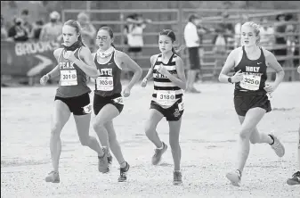  ?? Cliff Grassmick / Staff Photograph­er ?? From left, Peak to Peak’s Allison Beasley, Jefferson Academy’s Maya Ross and Holy Family’s Summer Norwell get their Class 3A state championsh­ip cross country race underway Saturday in Colorado Springs.