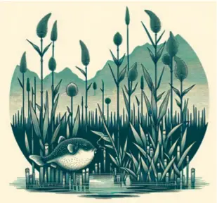  ?? ?? An illustrati­on depicting the famous line from ancient Chinese poet Su Shi’s poem, The land overrun by weeds and water studded with reeds, it’s time for pufferfish to swim upstream